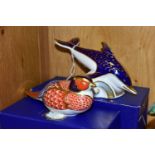 TWO BOXED ROYAL CROWN DERBY PAPERWEIGHTS, comprising Pheasant and Dolphin height 9cm, with red