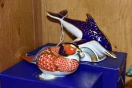 TWO BOXED ROYAL CROWN DERBY PAPERWEIGHTS, comprising Pheasant and Dolphin height 9cm, with red