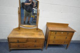 A SOLID OAK TWO PIECE BEDROOM SUITE, comprising a dressing chest, with a long rectangular mirror,