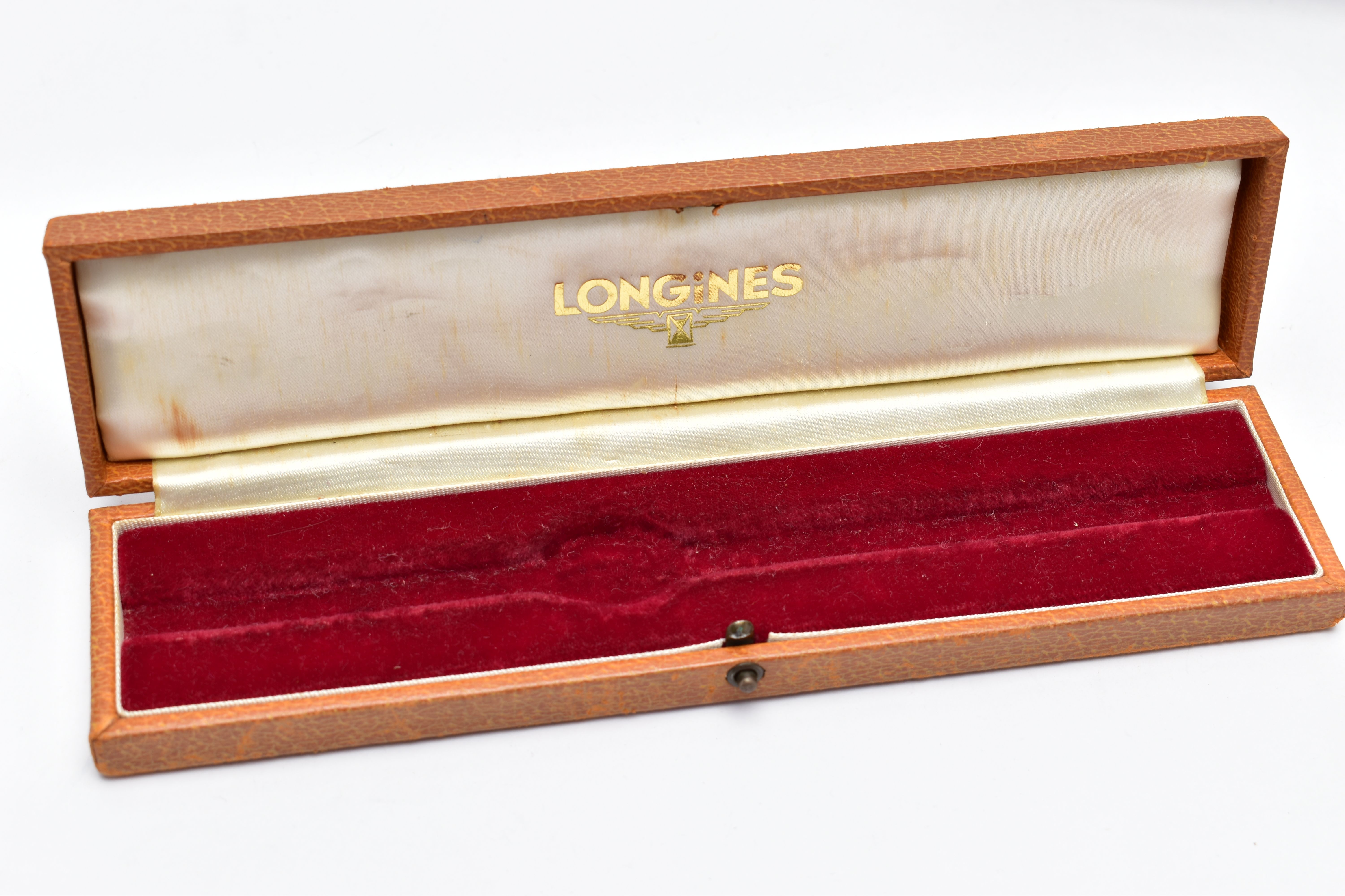 A 'LONGINES' WATCH BOX, a brown textured box, rectangular form, embossed gold detailed, signed ' - Image 2 of 2