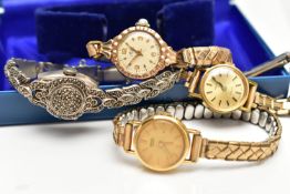 A 9CT GOLD WRISTWATCH AND THREE OTHER WRISTWATCHES, a hand wound movement, round dial signed 'Avia',