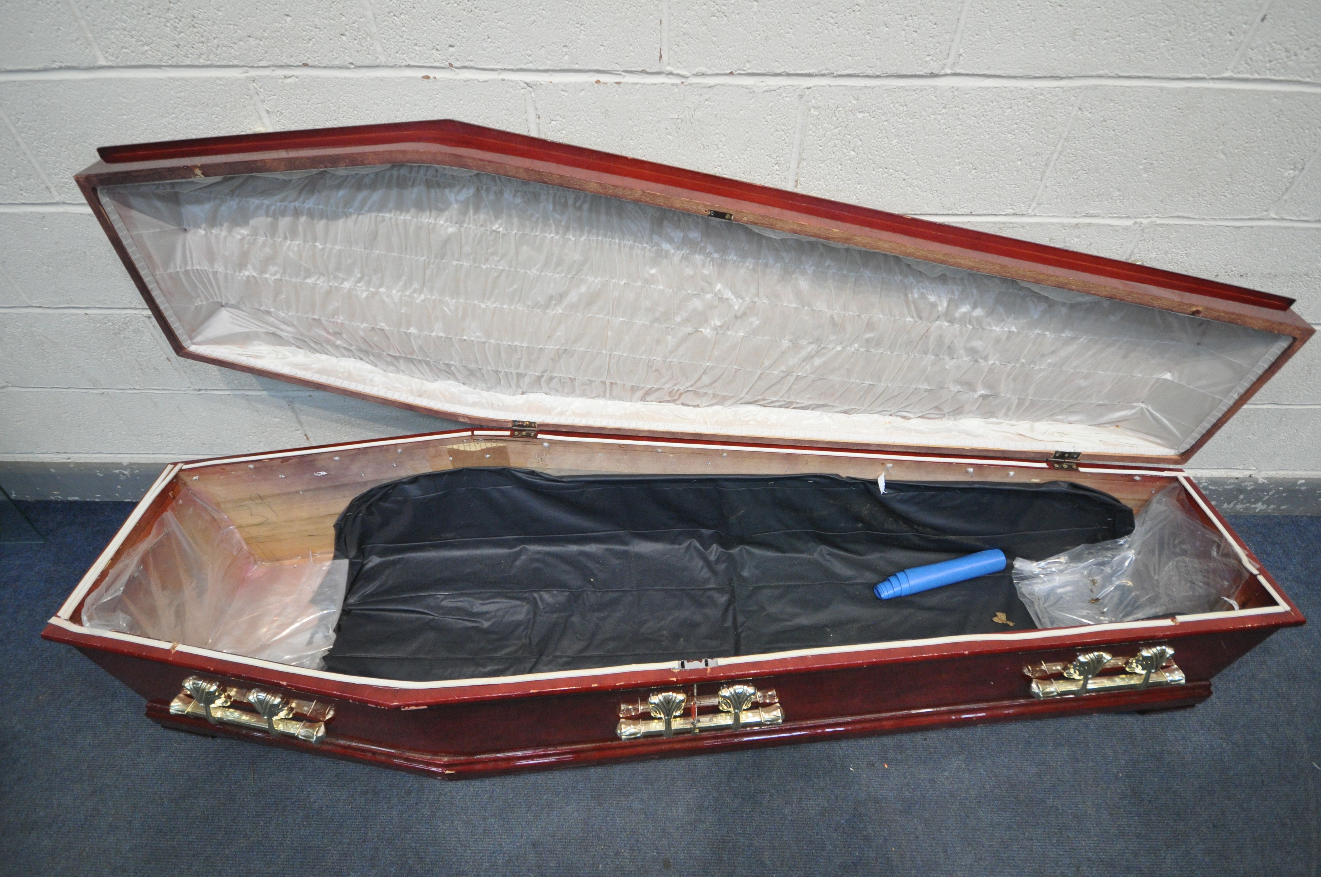 A BESPOKE COFFIN, with a glossy red finish, plastic finials and handles, length 211cm x depth 62cm x - Image 4 of 6