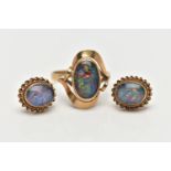 AN OPAL TRIPLET RING AND PAIR OF EARRINGS, the ring designed with an oval opal triplet cabochon,