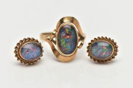 AN OPAL TRIPLET RING AND PAIR OF EARRINGS, the ring designed with an oval opal triplet cabochon,
