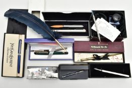 A BOX OF ASSORTED FOUNTAIN PENS, to include a boxed 'Fisher Space pen', a navy feather fountain pen,