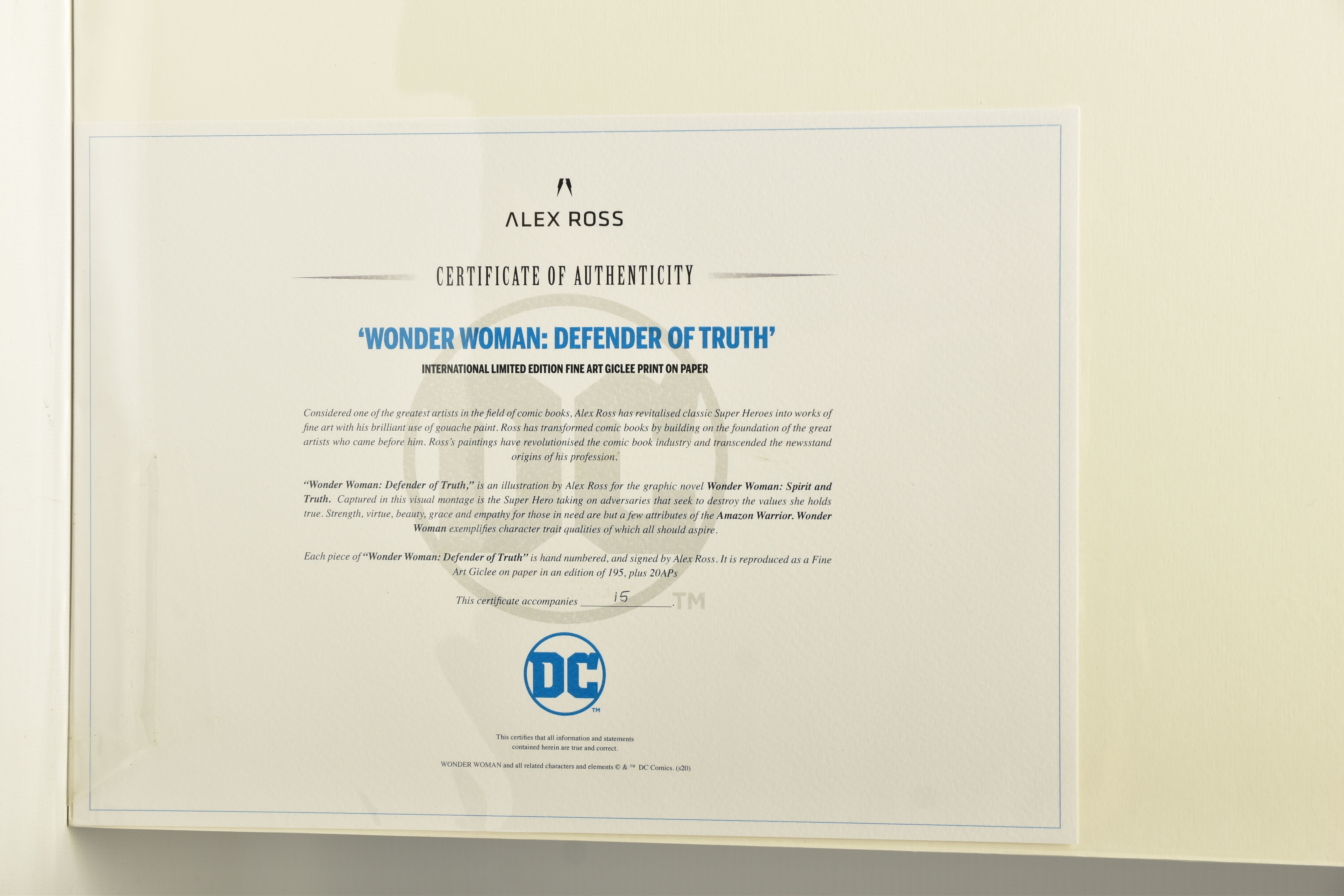 ALEX ROSS FOR DC COMICS (AMERICAN CONTEMPORARY) 'WONDER WOMAN: DEFENDER OF TRUTH', a signed - Image 5 of 5