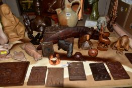 AFRICAN STONE AND WOOD CARVINGS ETC, to include a stone carving of an African male mounted to a