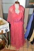 A PINK VINTAGE EVENING/COCKTAIL DRESS WITH MATCHING SHOULDER CAPE, made by Mary Black, chiffon