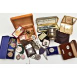 A BOX OF ASSORTED ITEMS, to include a silver christening cup, fitted with a scrolling handle,