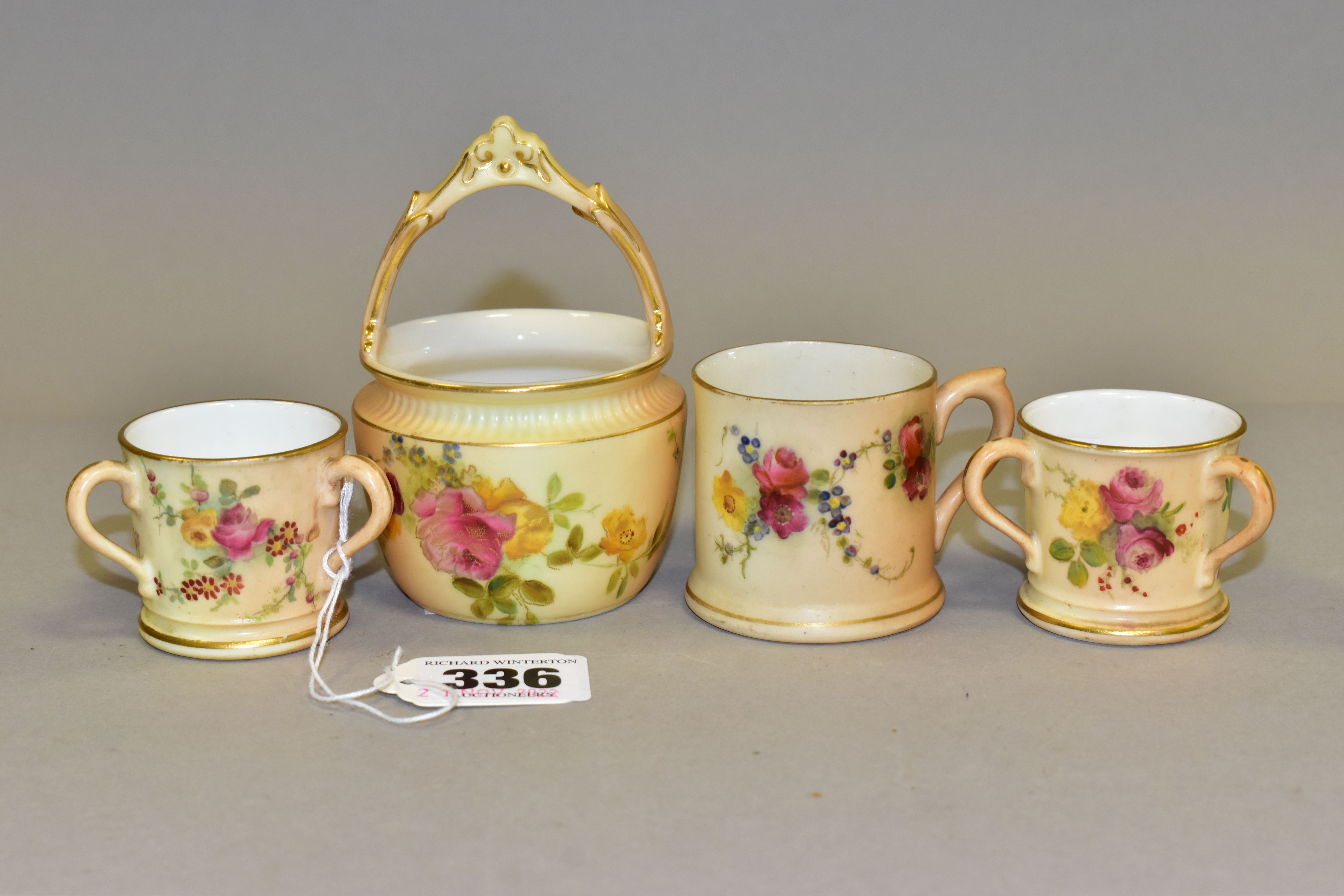 FOUR PIECES OF ROYAL WORCESTER BLUSH IVORY WARES, each printed and tinted with flowers, with green
