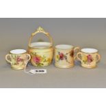 FOUR PIECES OF ROYAL WORCESTER BLUSH IVORY WARES, each printed and tinted with flowers, with green