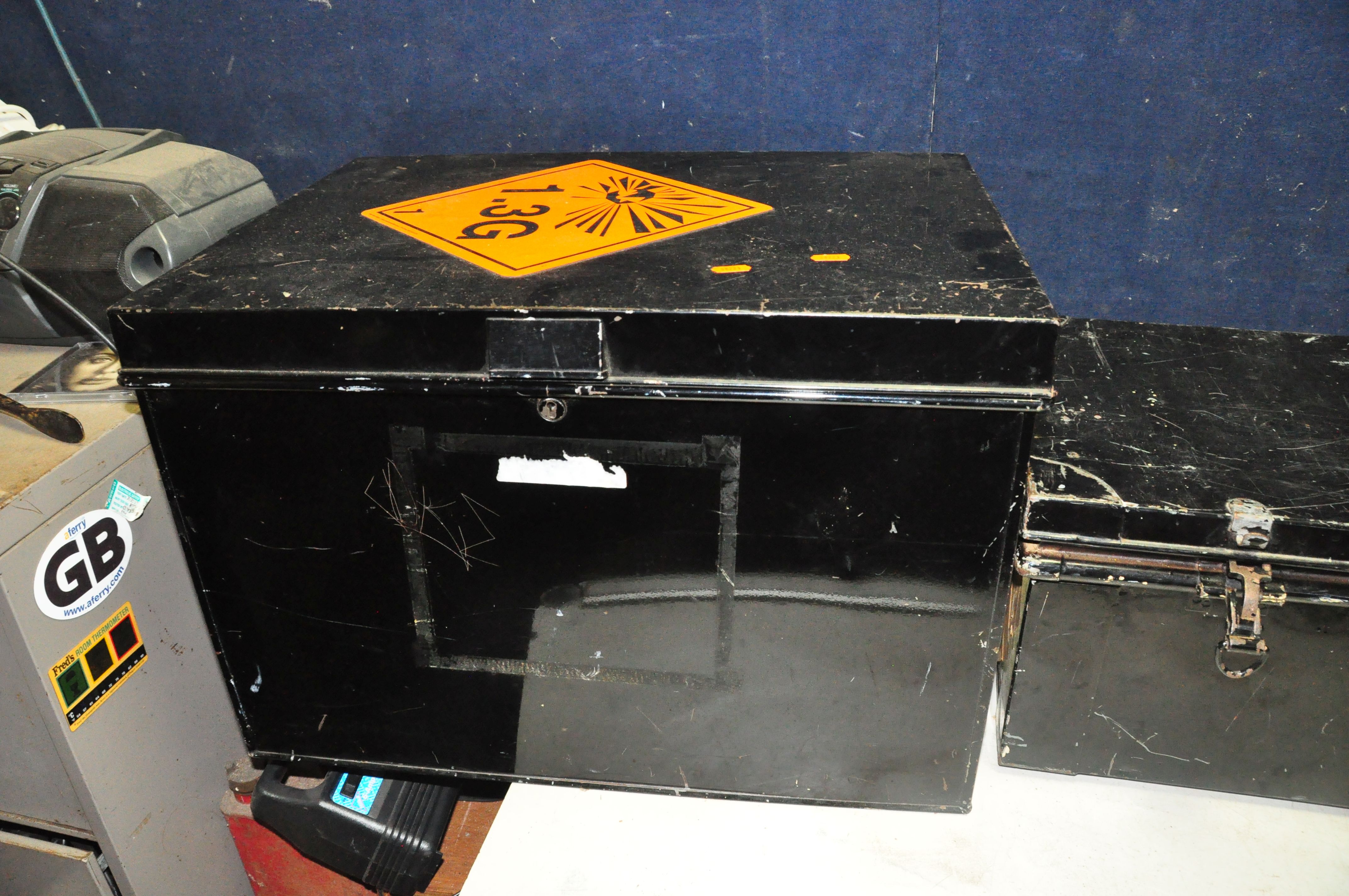 THREE VINTAGE METAL BOXES including a Stockport Ballot box with one key, a long lidded transit box - Image 2 of 6