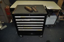 AN ENGINEERS ROLLING CHEST OF SIX DRAWERS constructed from pressed steel containing automotive and