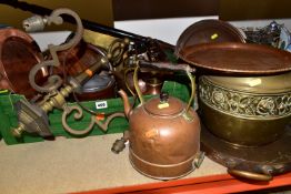 ONE BOX OF METALWARE, to include a copper bed warming pan, brass planter, two early electric