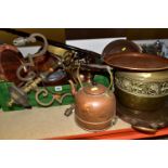 ONE BOX OF METALWARE, to include a copper bed warming pan, brass planter, two early electric