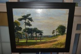 PARTICK RUSSELL WHITE (BRITISH 20TH CENTURY), 'GOLF COURSE, WIMBLEDON COMMON', two figures are