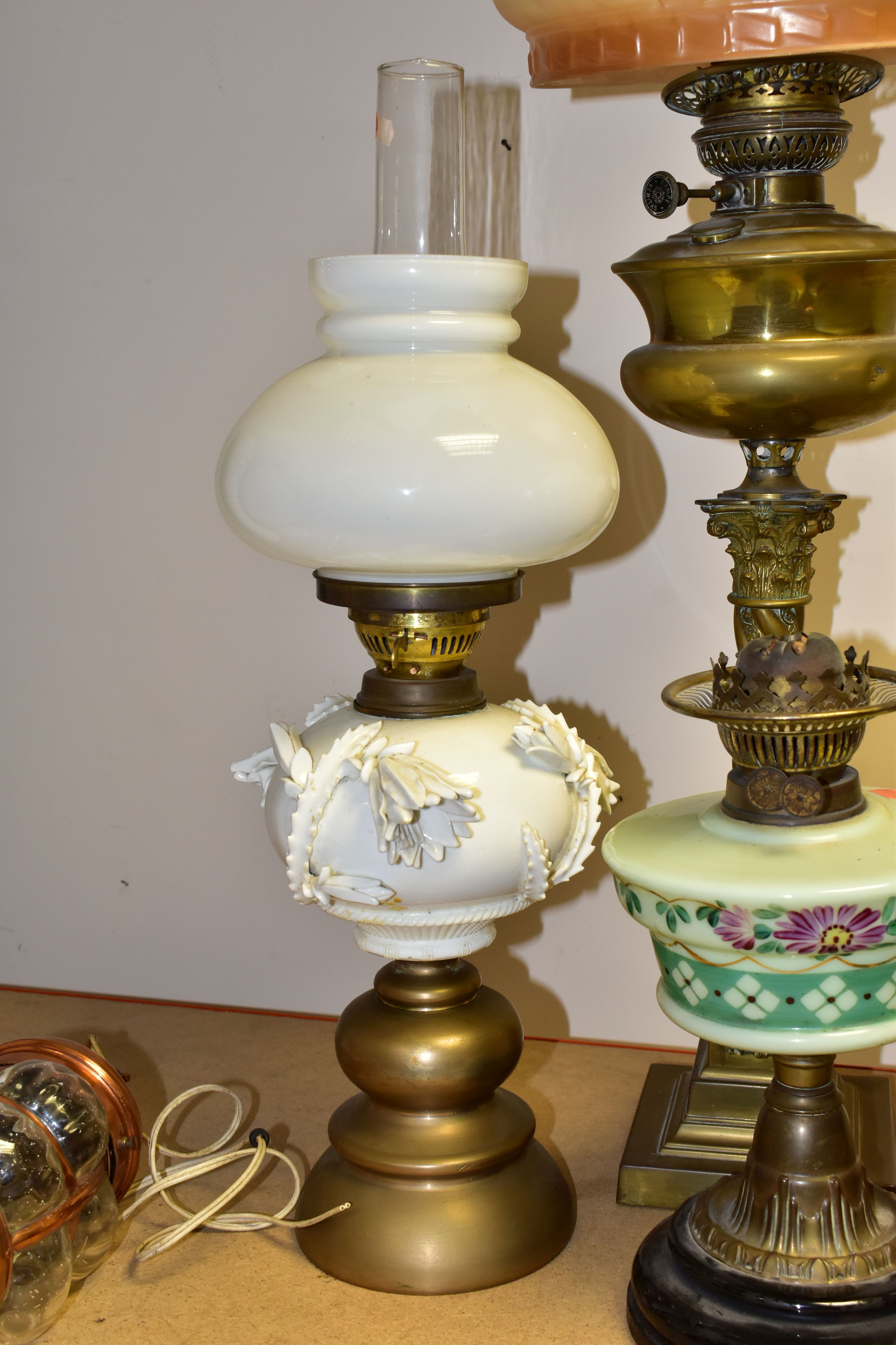 FOUR VICTORIAN OIL LAMPS, comprising an Eltex oil lamp with a brass base and fittings a white - Image 6 of 11
