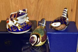 THREE BOXED ROYAL CROWN DERBY PAPERWEIGHTS, comprising Frog, Blue Tit and Wren, all with red printed