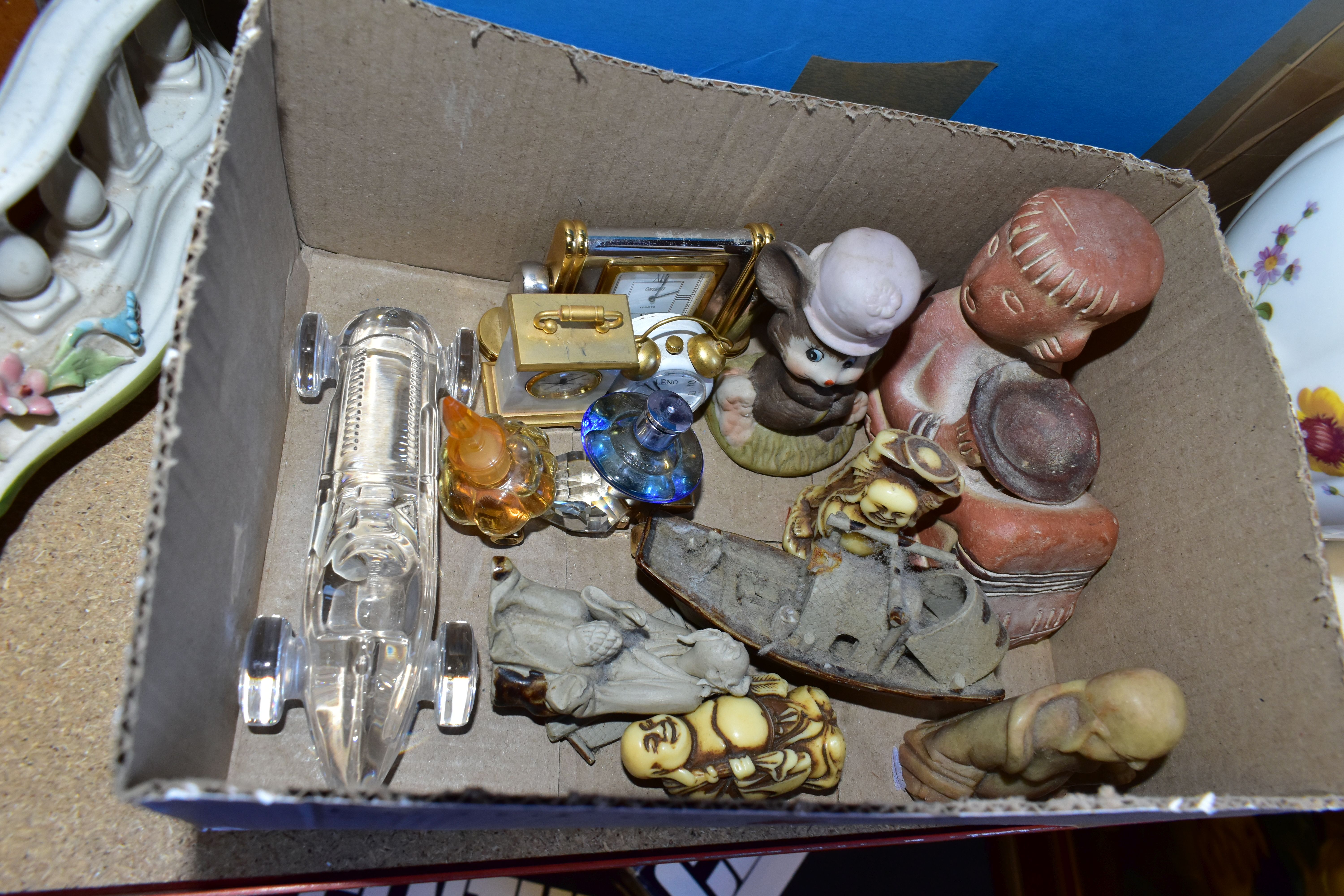 FOUR BOXES OF CERAMICS AND SUNDRIES, to include two miniature mantel clocks, a miniature alarm - Image 6 of 8