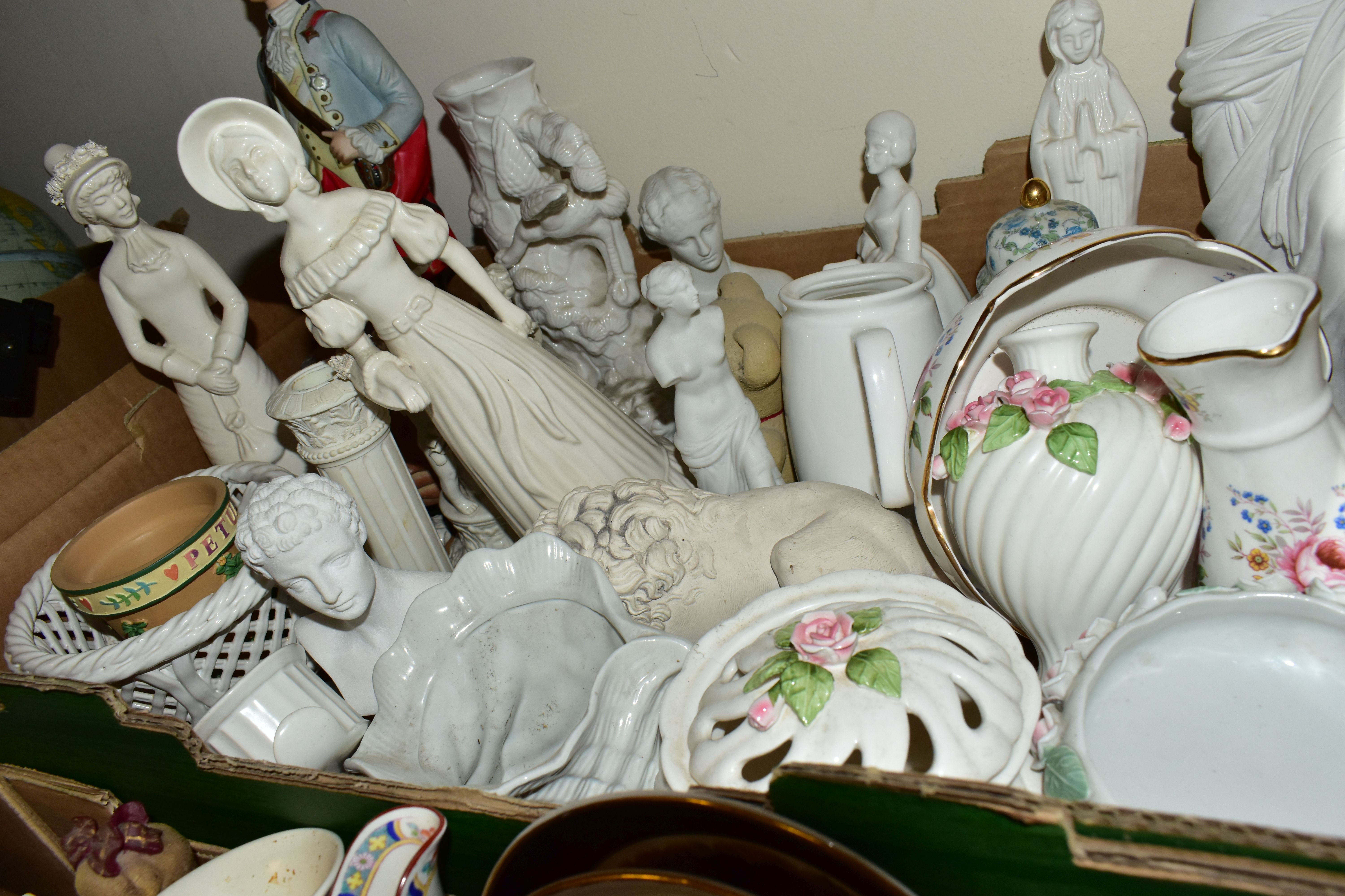 FOUR BOXES OF CERAMICS AND SUNDRIES, to include two miniature mantel clocks, a miniature alarm - Image 4 of 8