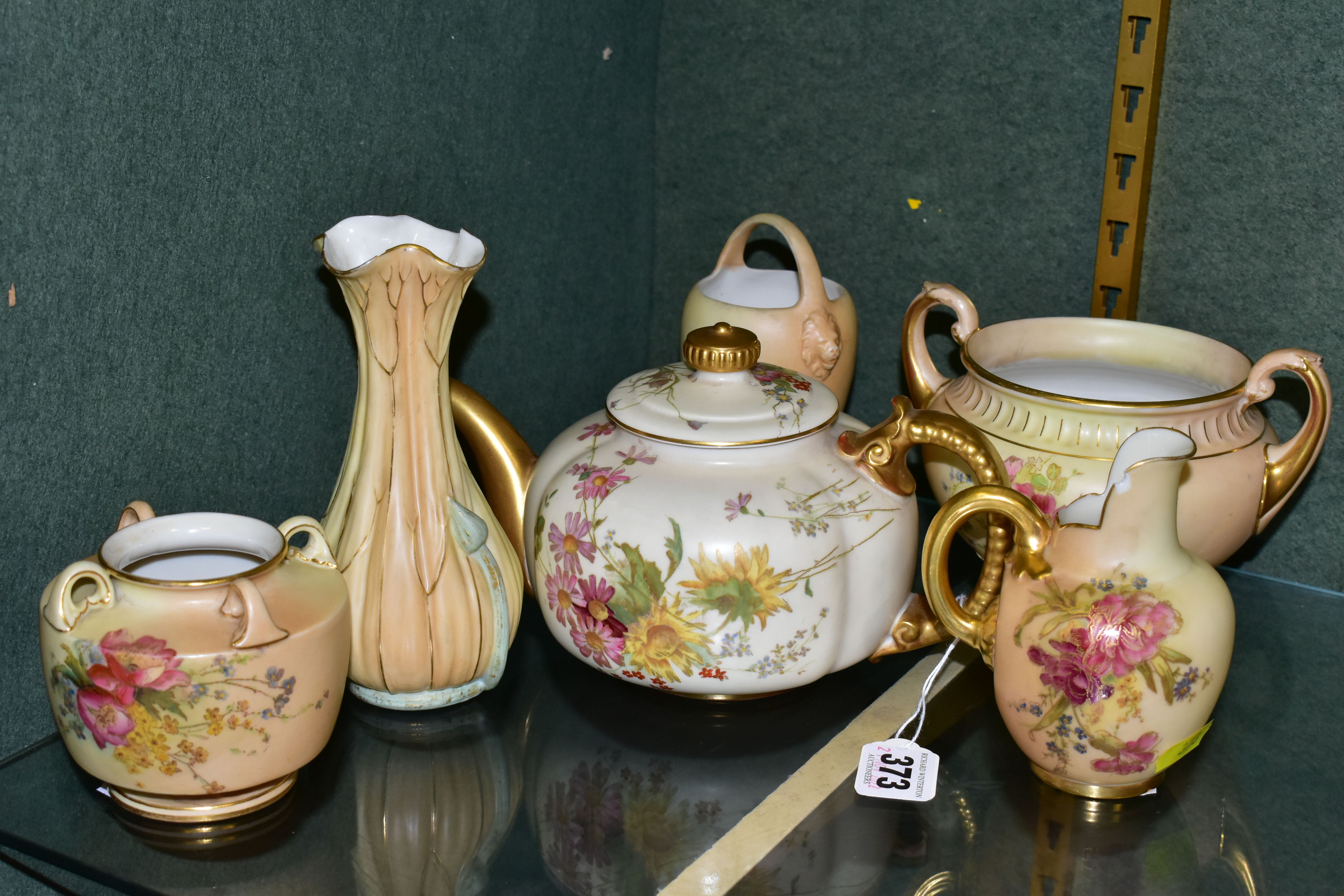 SIX PIECES OF ROYAL WORCESTER BLUSH IVORY PORCELAIN, comprising a teapot printed and tinted with
