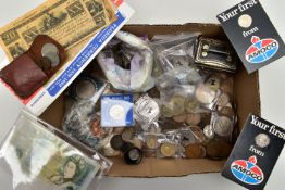 A CARDBOARD BOX CONTAINING MIXED WORLD COINS TO INCLUDE: Over 270gr of mostly .500 Silver Coins,A