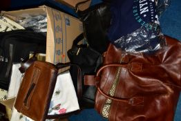 A BOX OF ASSORTED BAGS AND SUNDRY ITEMS, to include three Kew Gardens 'Meadow Bugs' tote bags as new