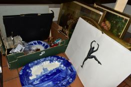 A BOX AND LOOSE SUNDRY ITEMS ETC, TO INCLUDE AN ENOCH WEDGWOOD FLOW BLUE PLATTER, depicting