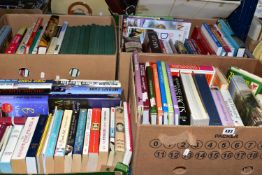 BOOKS, four boxes containing a collection of approximately 100 titles in hardback and paperback