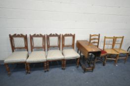 AN OAK BARLEY TWIST GATE LEG TABLE, four Edwardian dining chairs, and three other chairs (8)