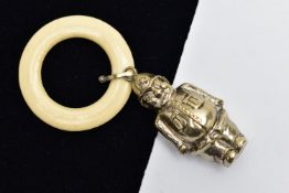 AN EPNS BABY RATTLE, in the form of a policeman, fitted with a cream plastic teething ring (