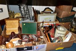 SEVEN BOXES AND LOOSE TREEN, METALWARES, PICTURES AND SUNDRY ITEMS, to include a Redex 'The Oil &