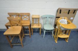 THREE PINE HIGH CHAIRS, two similar pine occasional tables, a child's high chair, a green painted