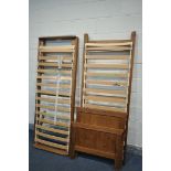 A MODERN PINE SINGLE BEDSTEAD, with a fold out bed, with bolts