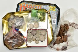 A BISCUIT TIN CONTAINING MAINLY UK 20TH CENTURY COINAGE, to include a packet of mixed silver content