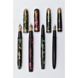 FOUR FOUNTAIN PENS, the first a pink pearlescent pen, fitted with a yellow metal nib, signed 'Duro