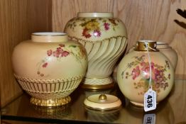 FIVE PIECES OF ROYAL WORCESTER BLUSH IVORY PORCELAIN, printed and tinted with floral sprays,
