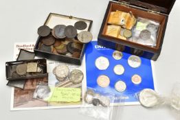 A CARDBOARD BOX CONTAINING SOME SMALLER METAL BOXES OF MIXED COINAGE, to include Victorian silver