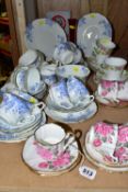 A GROUP OF CHINA TEAWARES, comprising Shelley 'Royalty' pattern three cups, six saucers, five tea
