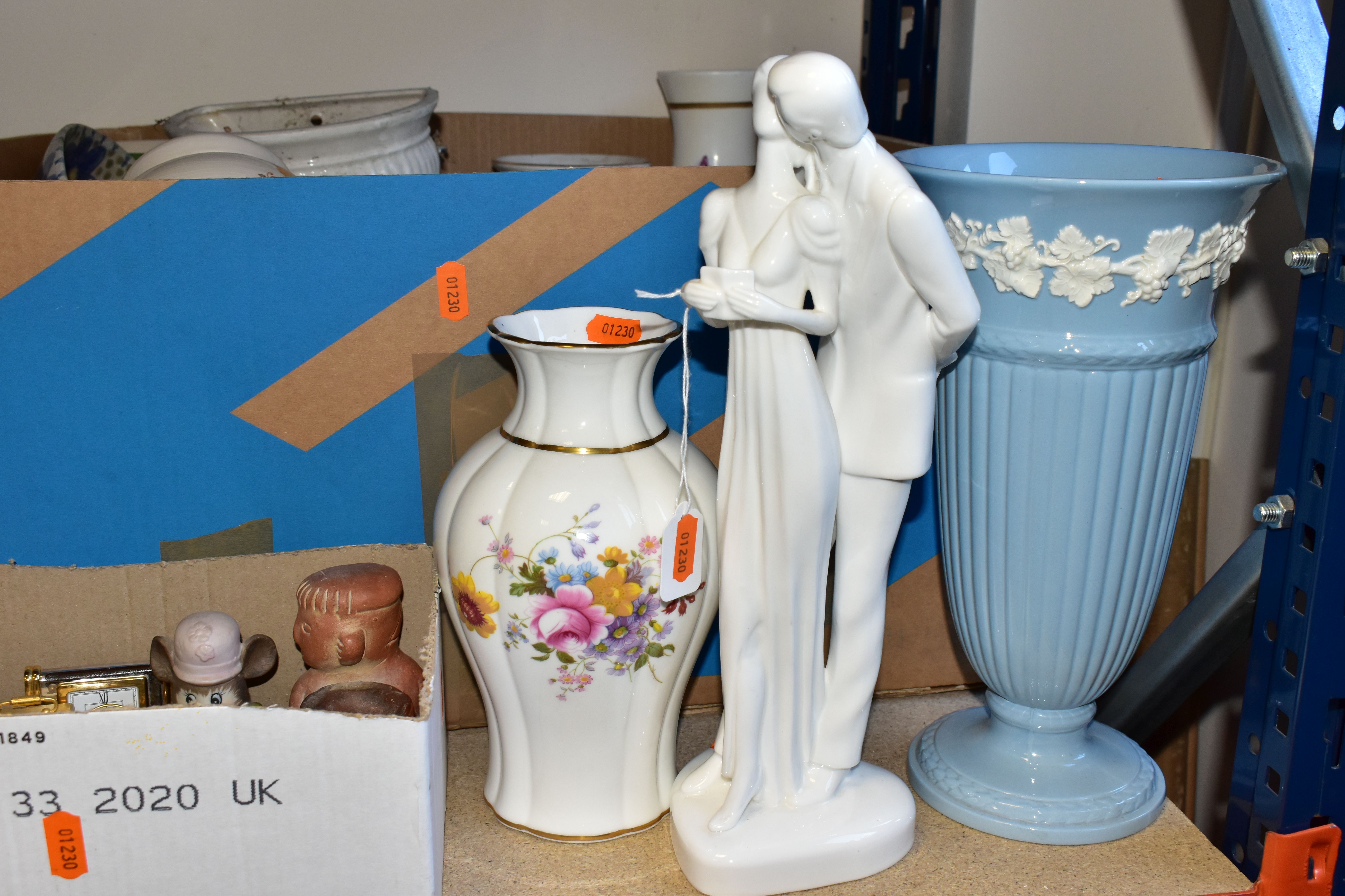 FOUR BOXES OF CERAMICS AND SUNDRIES, to include two miniature mantel clocks, a miniature alarm - Image 7 of 8