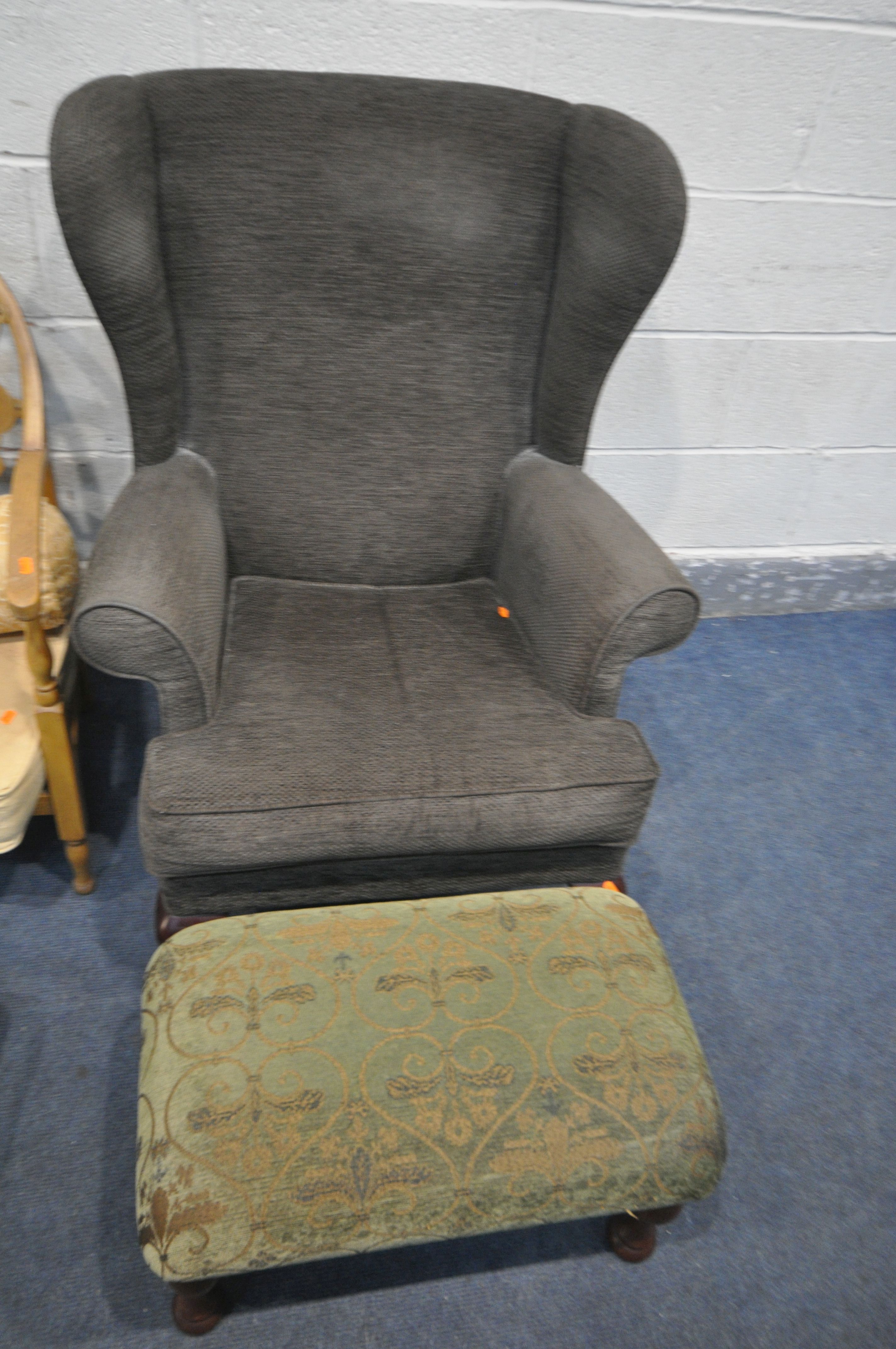 A BROWN UPHOLSTERED WING BACK ARMCHAIR, on front cabriole legs, a beech framed armchair, and two - Image 2 of 4