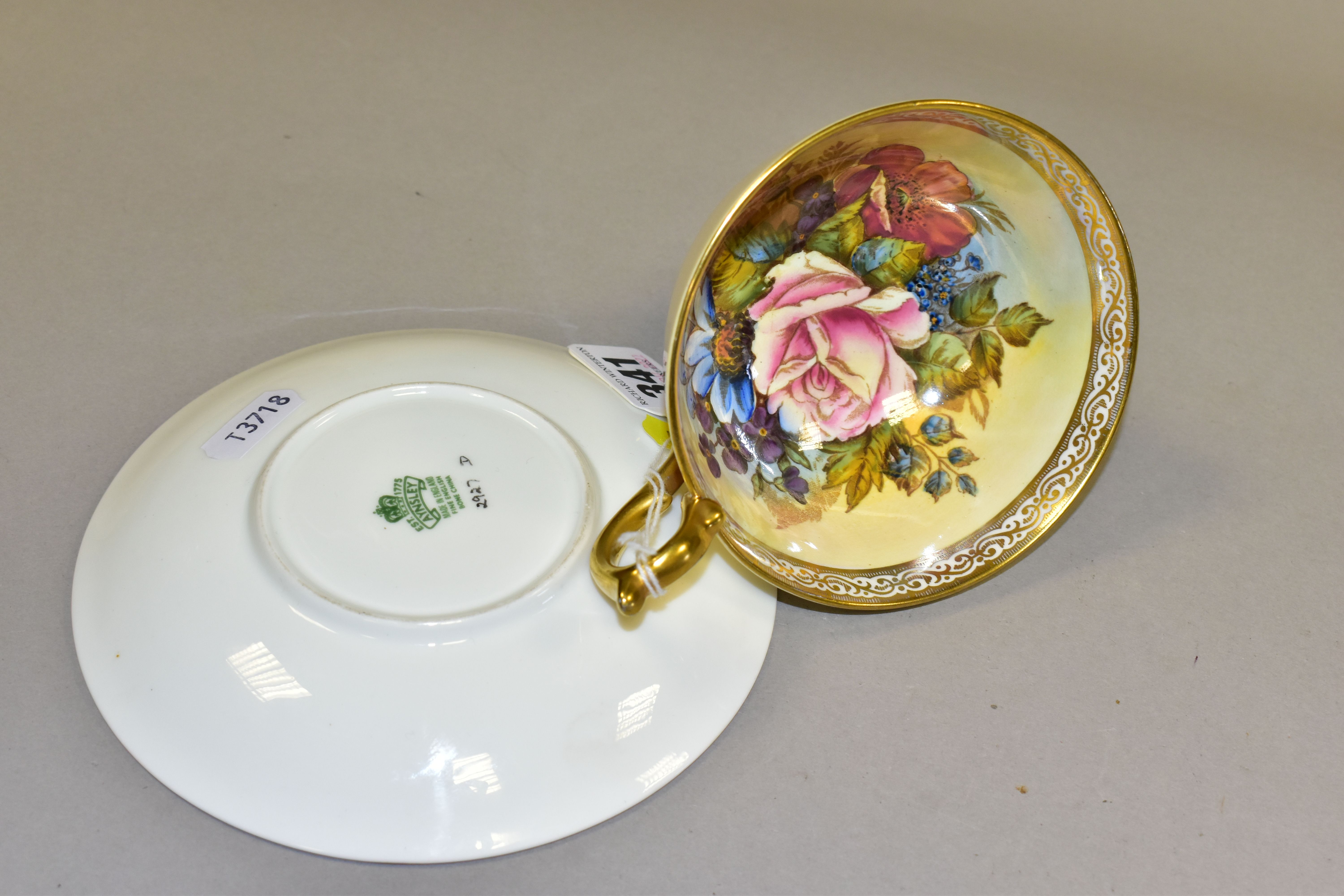 AN AYNSLEY FLORAL DECORATED TEA CUP AND SAUCER BY J. A. BAILEY, with scrolling border, the cup - Image 4 of 4