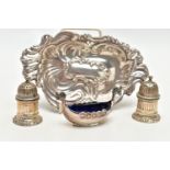 AN ASSORTMENT OF SILVER AND WHITE METAL ITEMS, to include a pair of Britania silver pepperettes,