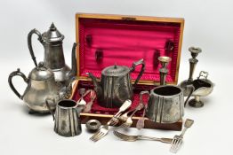 AN EMPTY WOODEN CANTEEN AND A BOX OF ASSORTED WHITE METAL WARE, wooden canteen with a burgundy