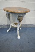 A WHITE AND GOLD PAINTED VICTORIAN CAST IRON PUB TABLE, labelled Caskel and Chambers Birmingham to