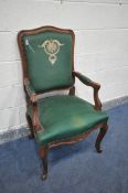 A FRENCH HARDWOOD ARMCHAIR, with open armrests and green fabric