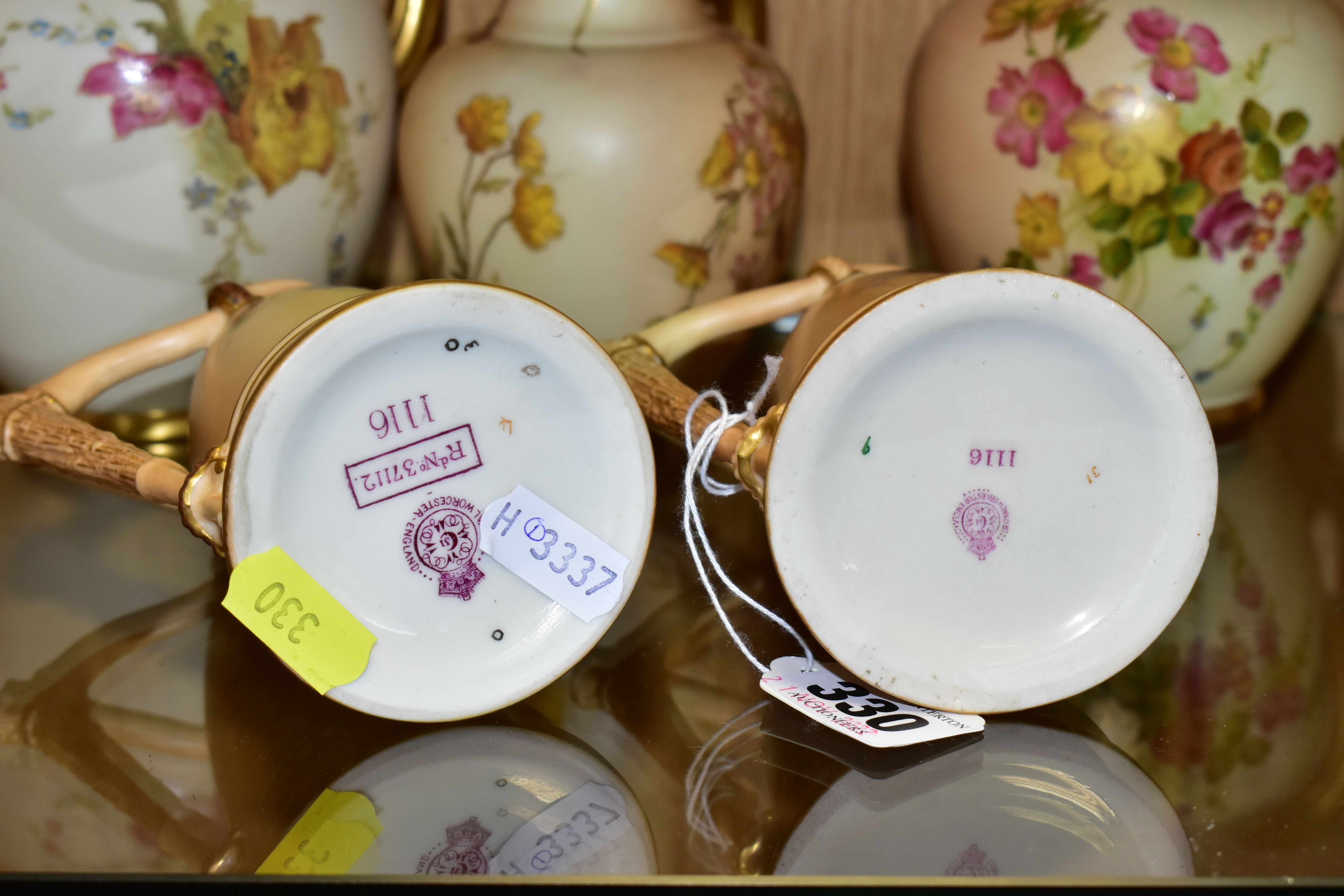 FIVE ROYAL WORCESTER BLUSH IVORY JUGS, each printed and tinted with flowers, with printed purple - Image 6 of 6