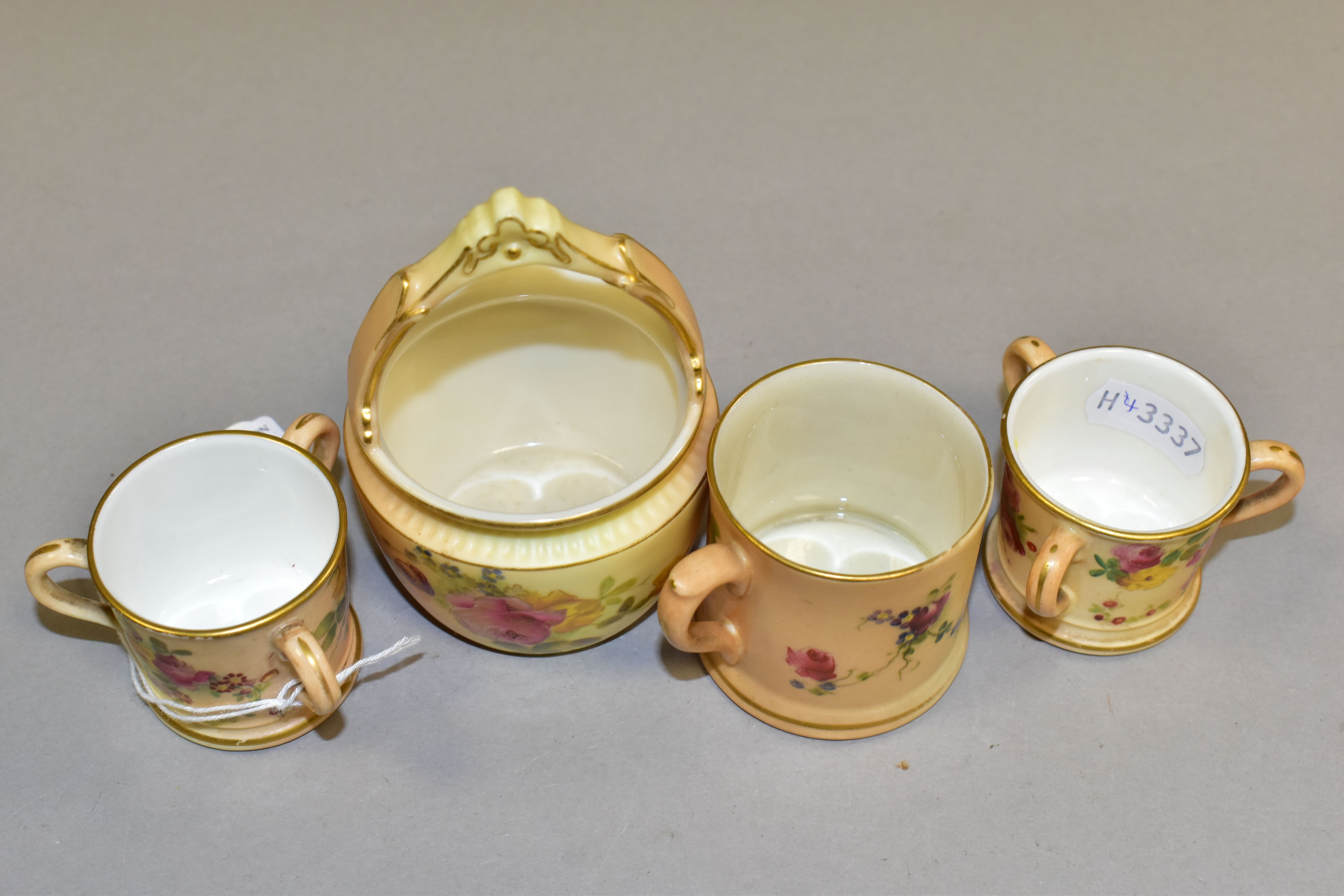 FOUR PIECES OF ROYAL WORCESTER BLUSH IVORY WARES, each printed and tinted with flowers, with green - Image 3 of 4