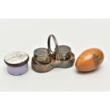 A BAG OF ASSORTED ITEMS, to include a small white metal salt and pepper pot in a handled tray,