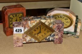 THREE SMALL FRENCH ART DECO CLOCKS, comprising a pink/purple/multi coloured marble cased desk clock,